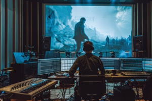 soundtracks - man at keyboard with film in front of him