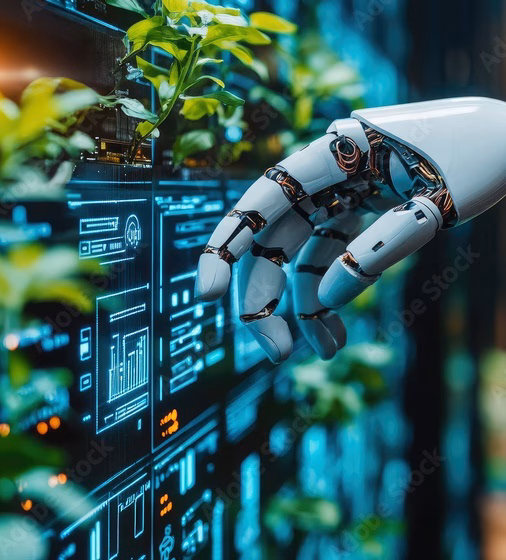 Emerging technologies with robot hand touching online screen