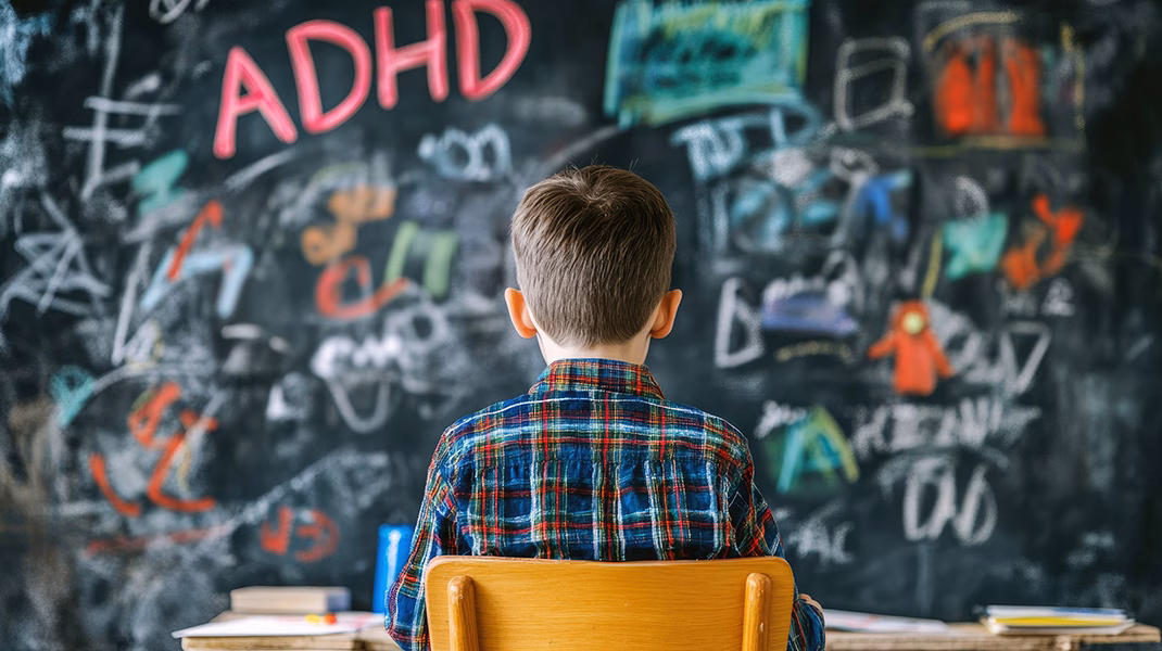 Young boy facing chalkboard with ADHD written amid colorful drawings and text
