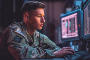 cybersecurity defense - soldier behind computer screen