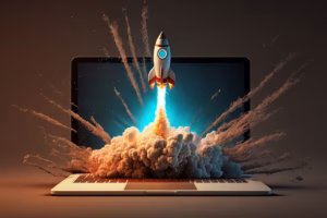 generative ai - rocket coming out of laptop