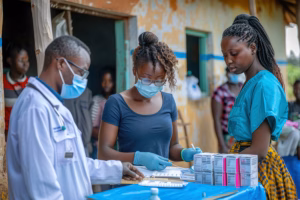 health (in)equity: Healthcare Workers Administering Vaccines in Rural Community Clinic.