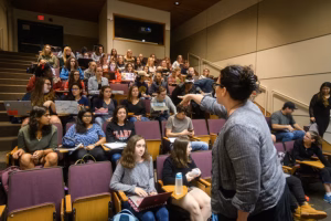 Students attend an anthropology class at Clark