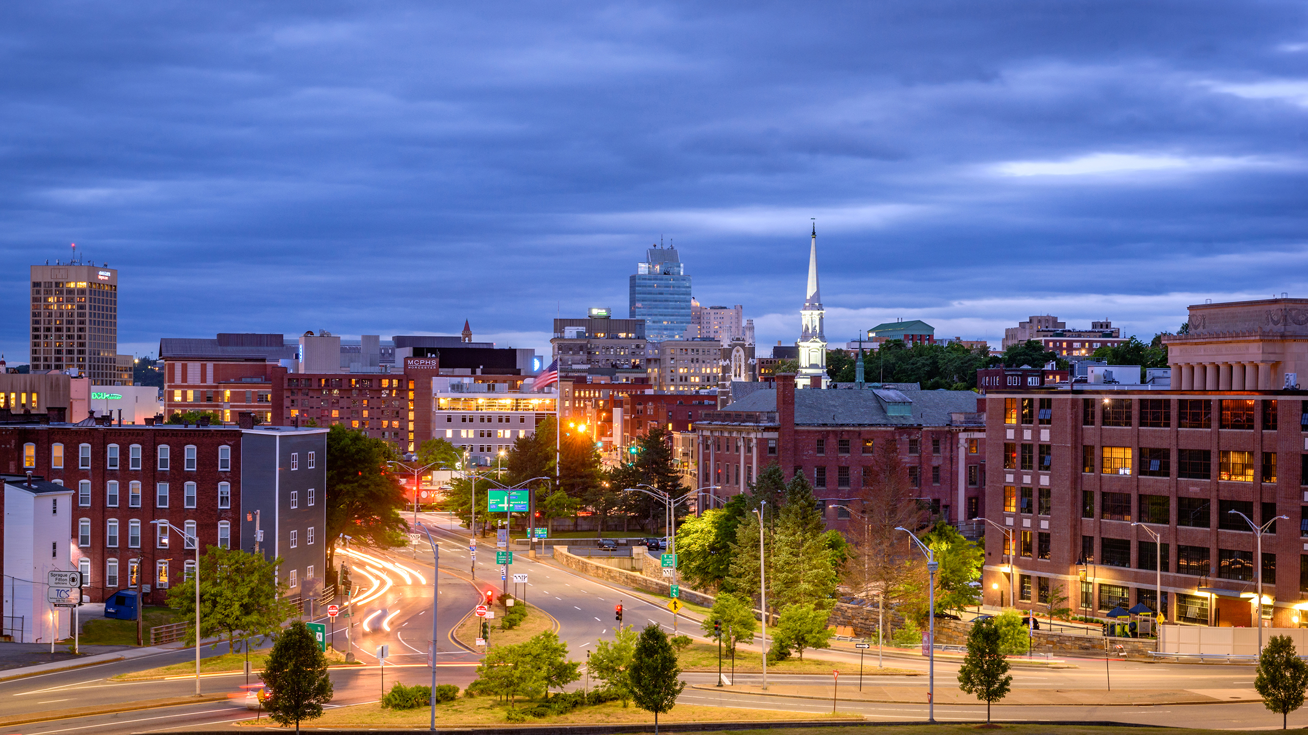 A nighttime cityscape shot in Worcester