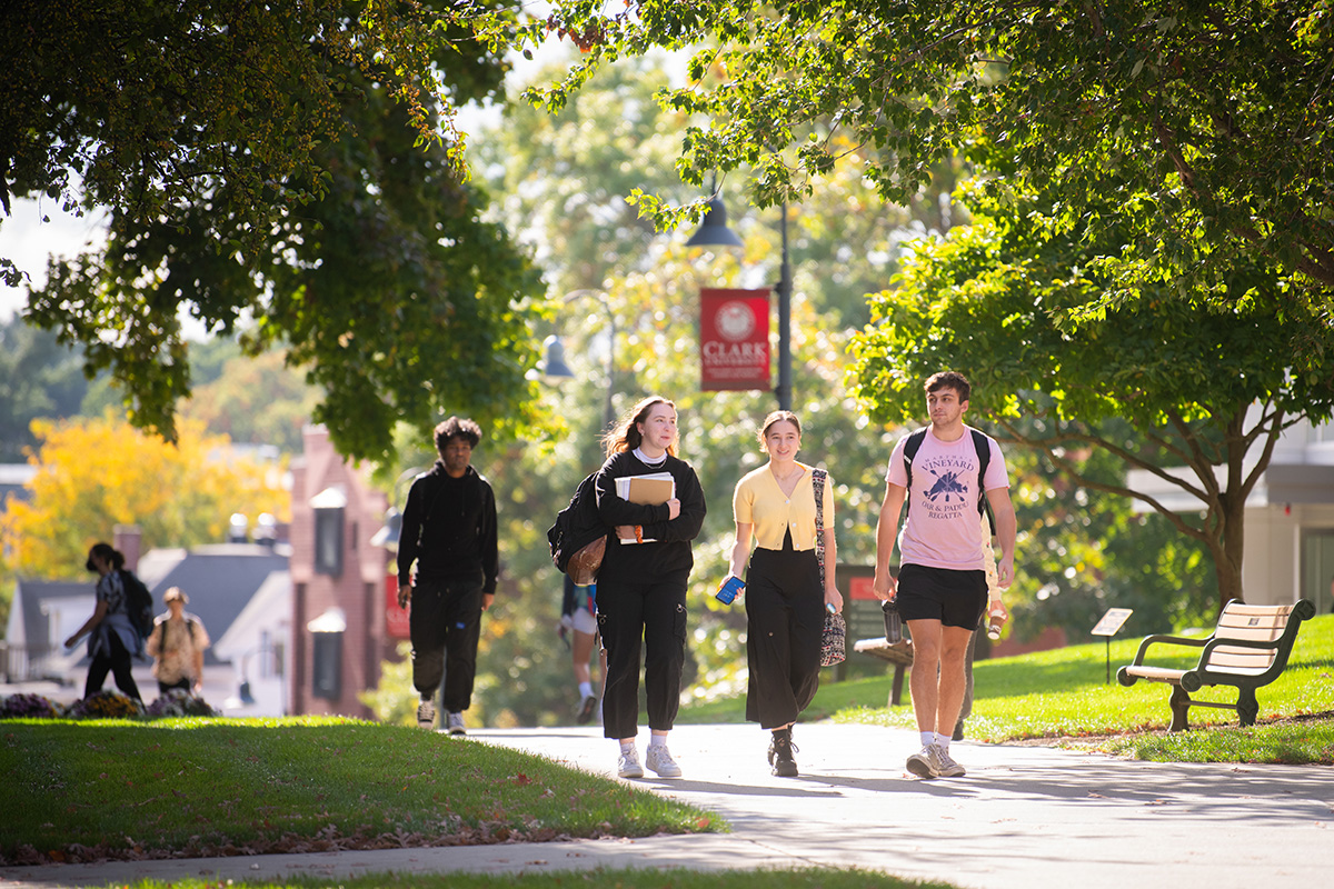 students walking across campus