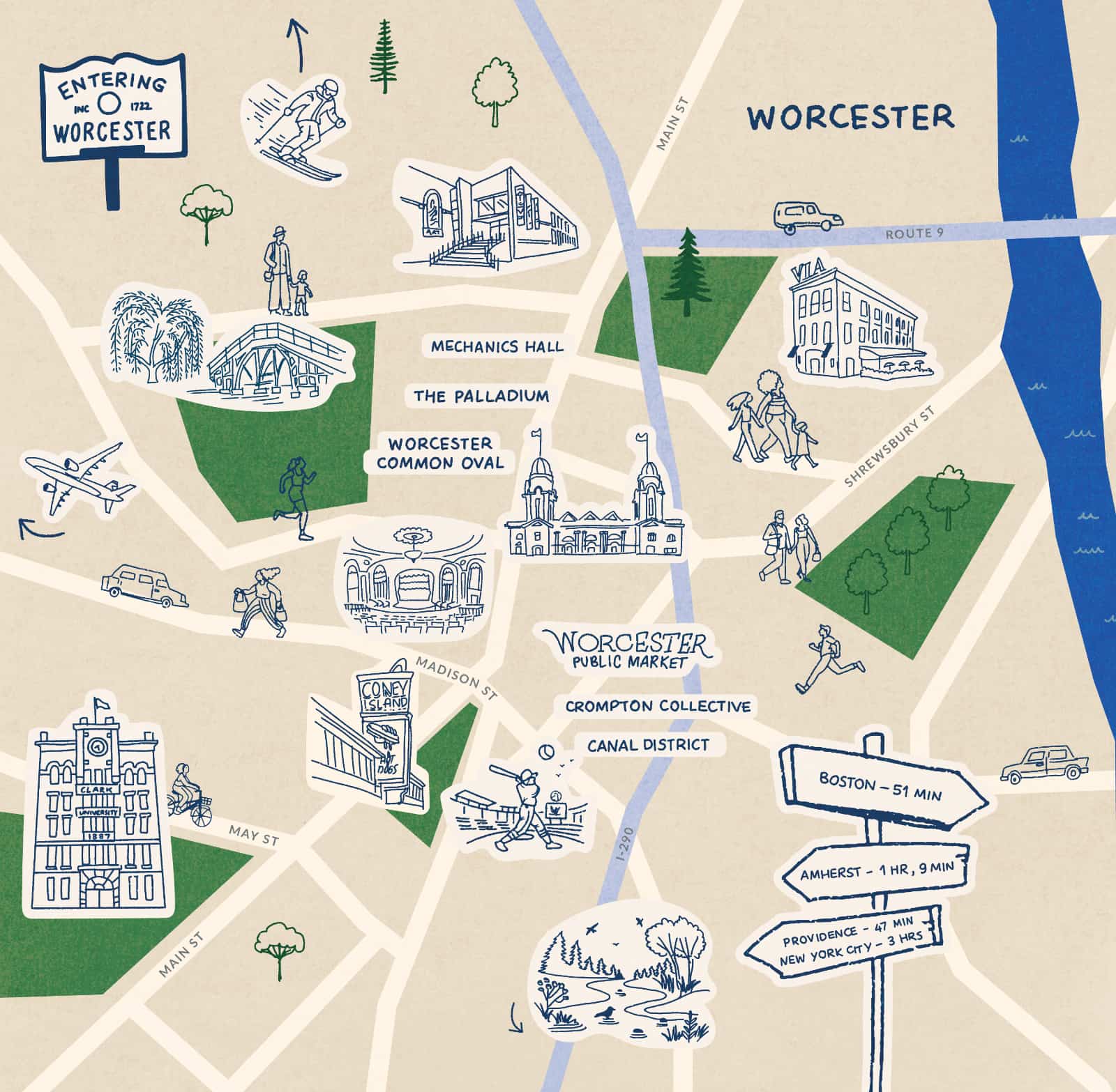 an illustrated map of Worcester