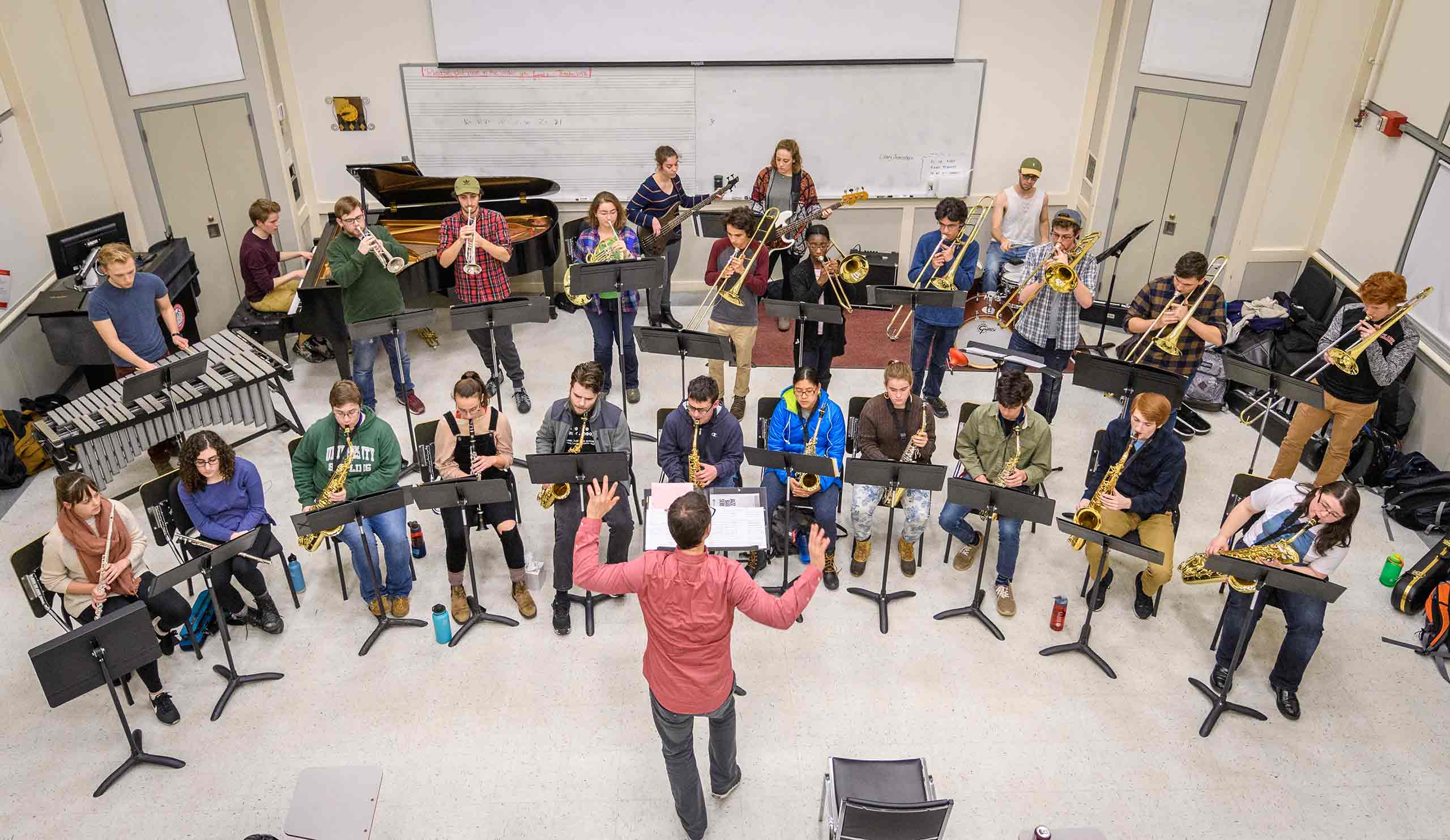 Jazz ensemble rehearsing. Viewed from above