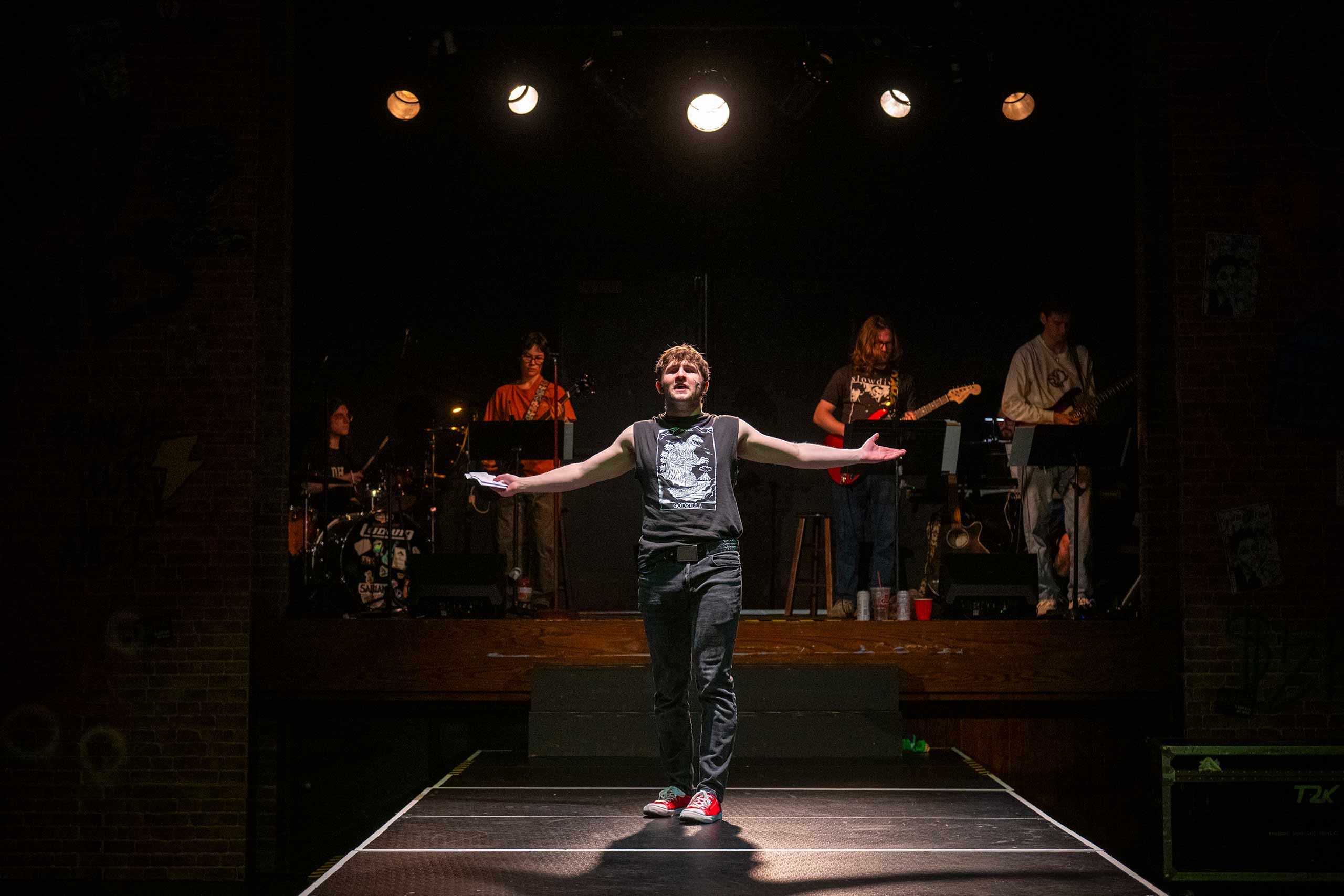 Students rehearsing for the production, American Idiot, Clark University