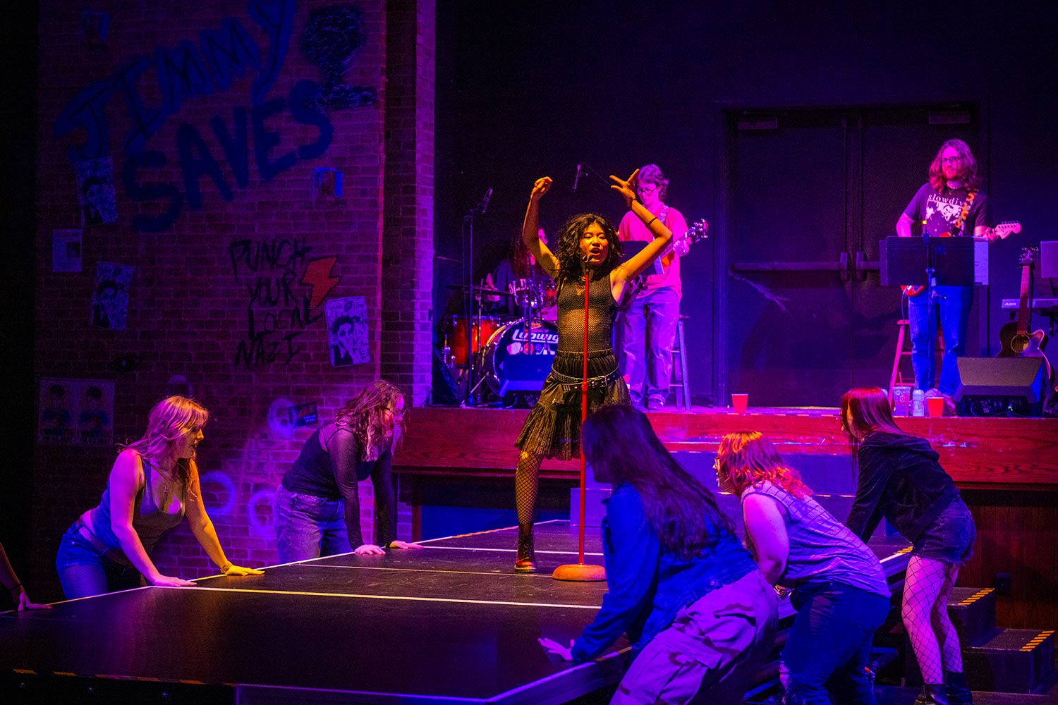 Students rehearsing for the production, American Idiot, Clark University