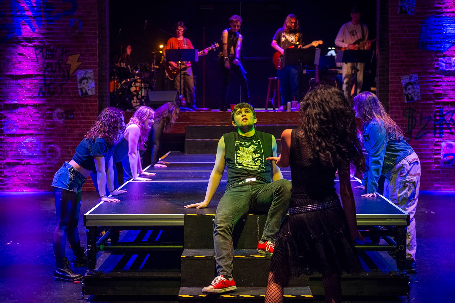 Students rehearsing for the production, American Idiot, Clark University
