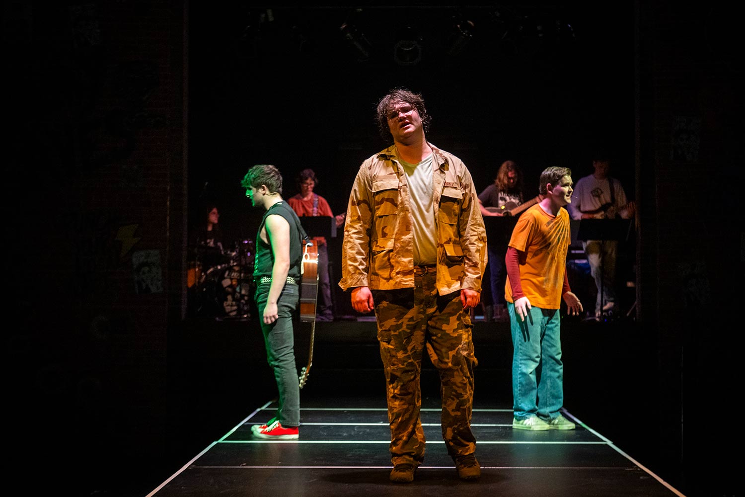 Students rehearsing for the production, American Idiot, Clark University