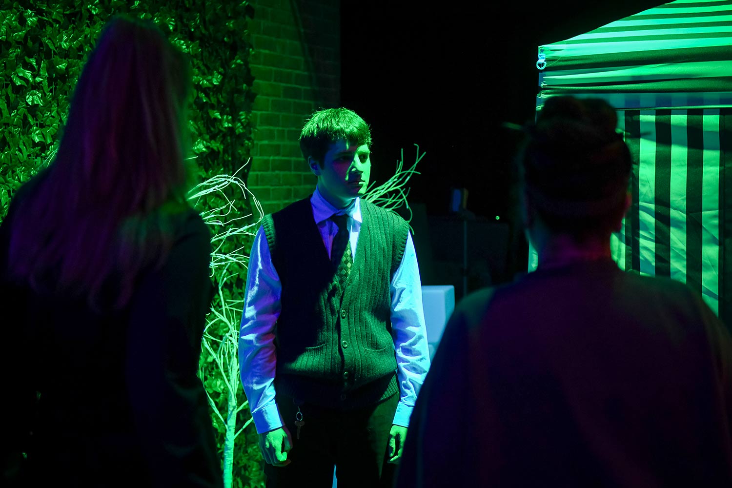 Students practice roles, , dress rehearsal for Hacker’s Ostracon: An Interactive Performance