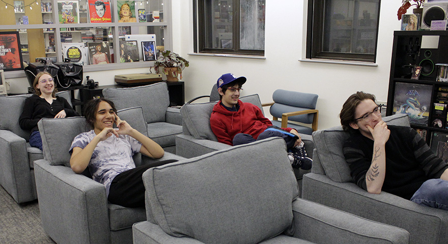 Students watch a movie screening in the Media Arts Study Hub, Traina Center, Clark University