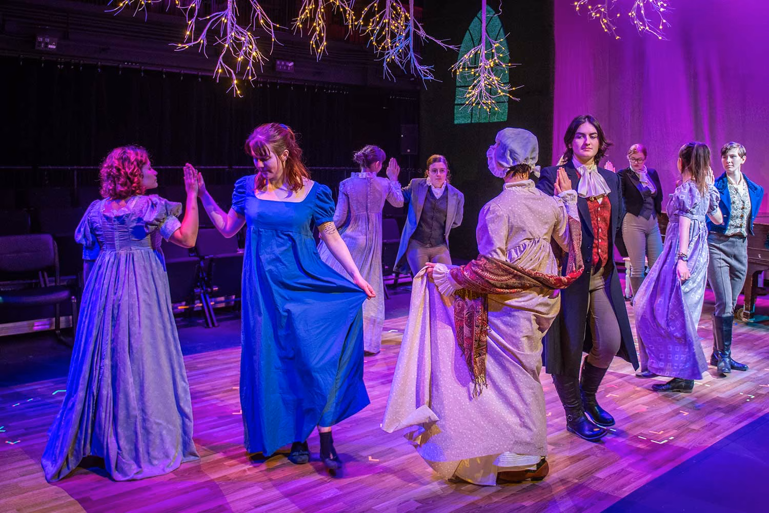 Actors dance in a rehearsal of Sense and Sensibility, Clark University