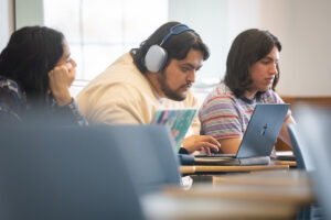 Students producing a podcast. This example is from the Department of Language, Literature, and Culture.