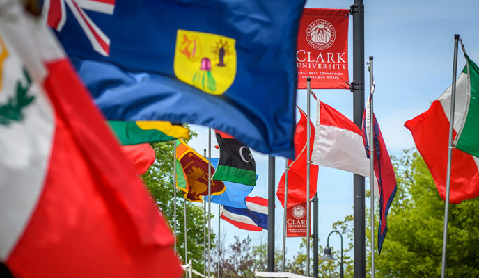 international flags blowing in wind