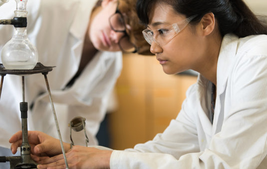 female students looking into scope