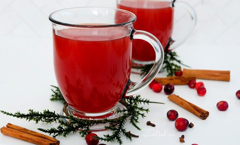 Mugs of hot cider, cinnamon sticks, and holiday greenery