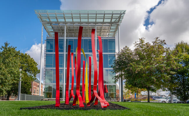 "Chance Encounter," a sculpture by Phillip Marshall, MBA '93, part of the "Art in the Heart of Main South" public exhibition on and around the Clark University campus