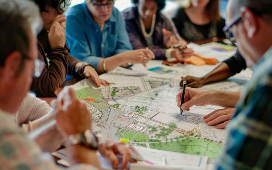 Policy makers seated around a map of community green spaces.