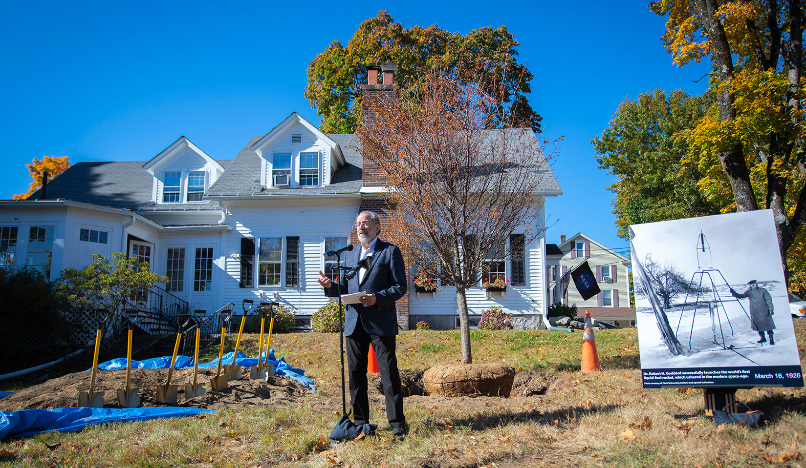 Charles Slatkin ’74 speaks at the First Launch Space Centennial kickoff event at the Robert and Esther Goddard Center, where a cherry tree was planted in honor of Robert Goddard’s Anniversary Day.