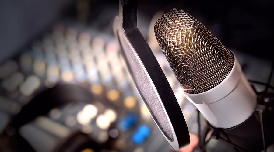Closeup of microphone in recording studio