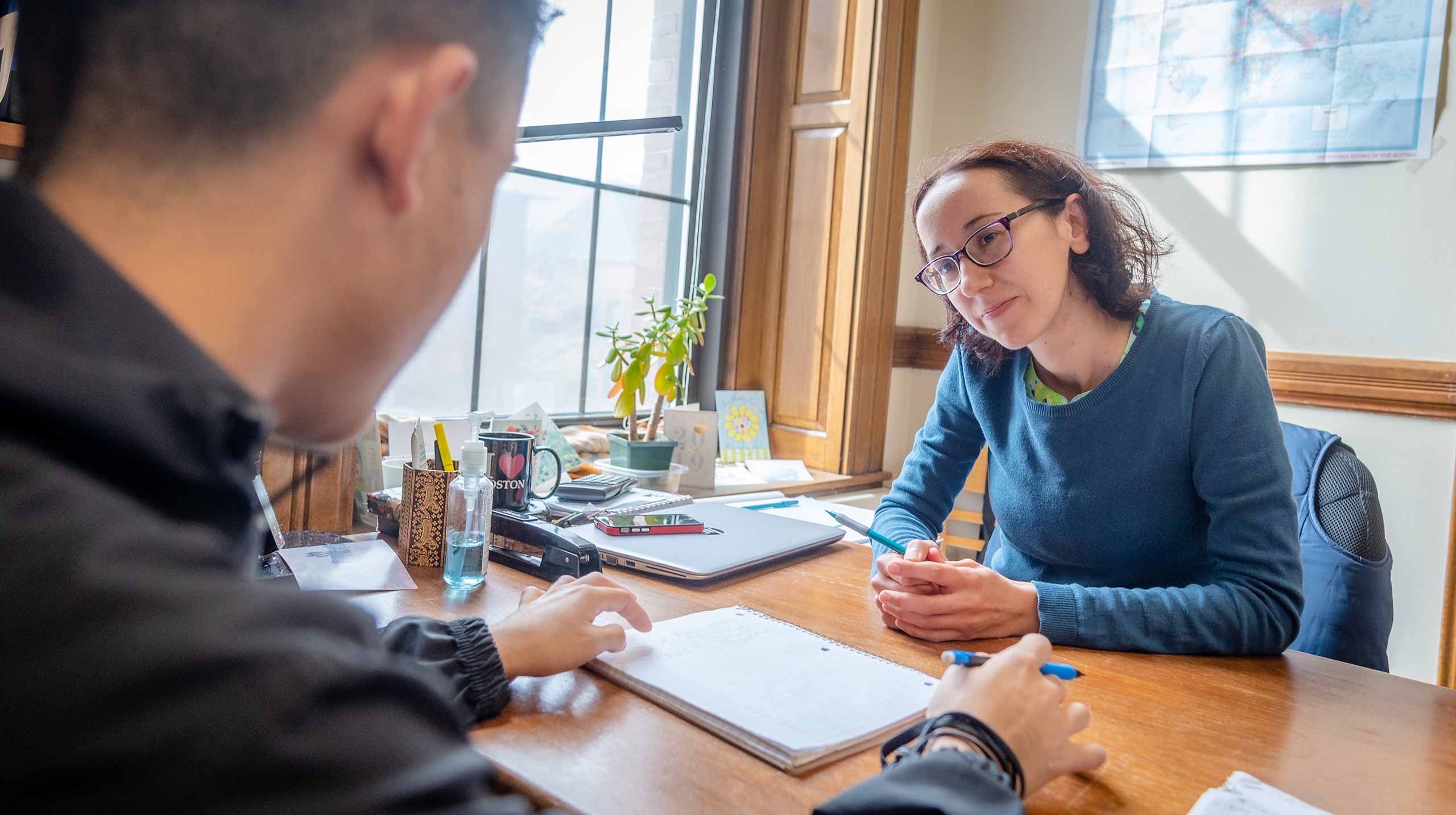Magda Tsaneva meets with a student during office hours, showing Clark's emphasis on mentoring and advising