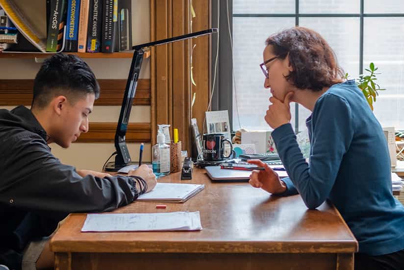 a professor consults an economics student