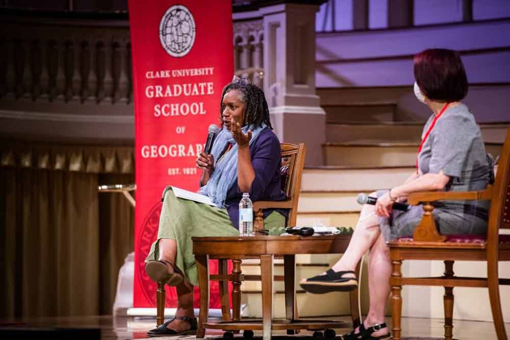 Keynote speaker Beverley Mullings, professor of political economy at the University of Toronto speaks at the Global Conference on Economic Geography at Clark University