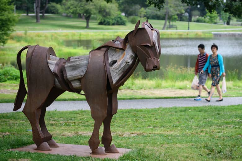 A sculpture on exhibit for Art in the Park
