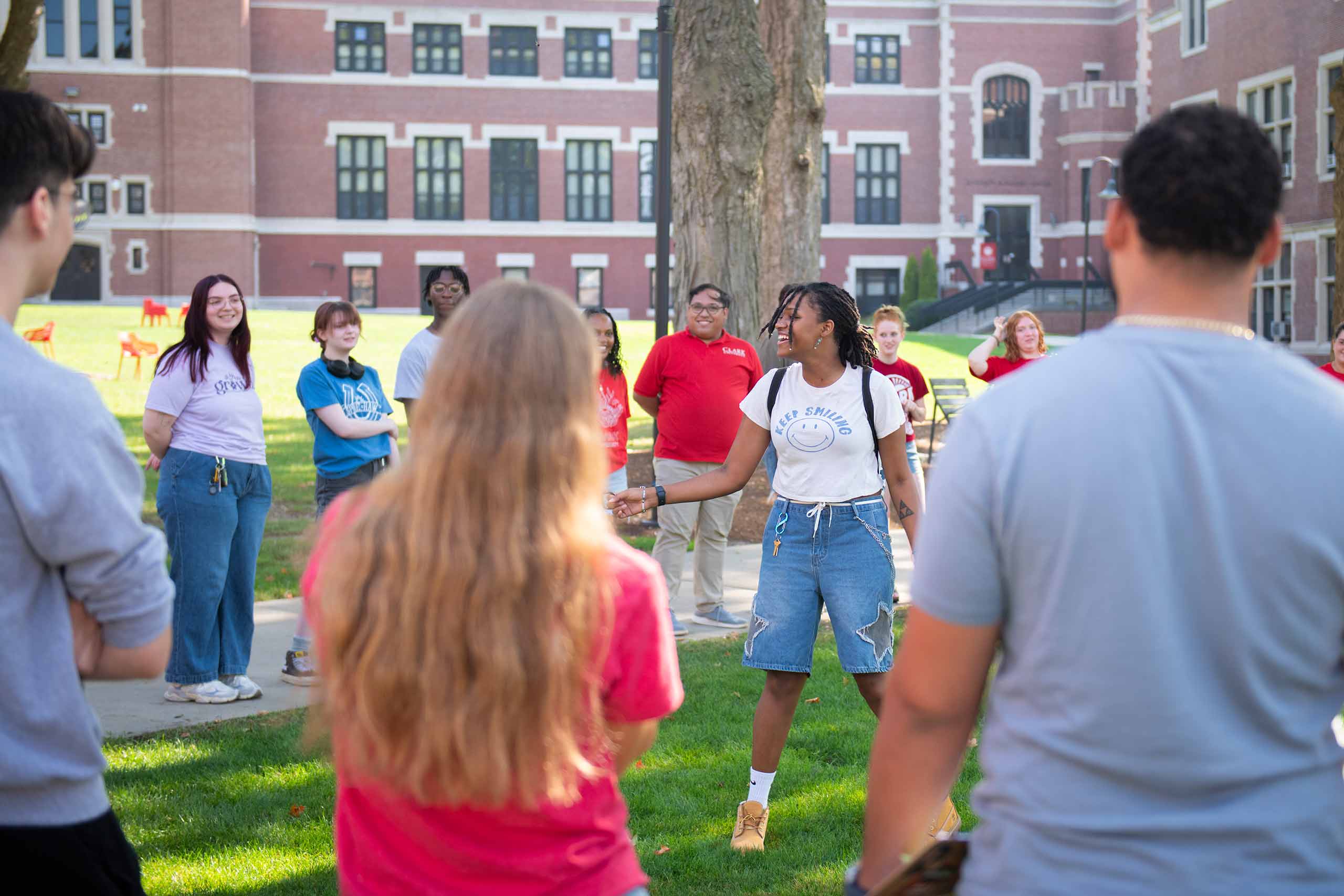 Peer mentors gather on the Green before move-in day