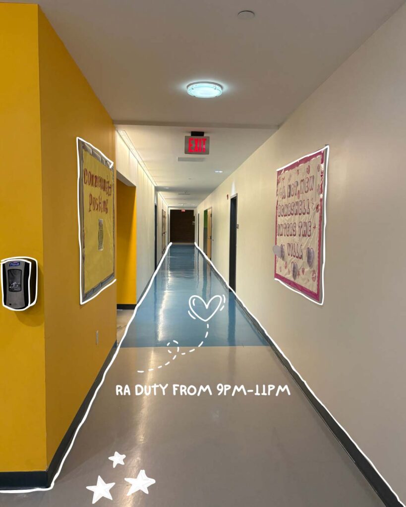 Turna Barua ’26 Day in the Ƶ series: shot of dorm hallway with handwritten accent "RA duty from 9am - 11pm."
