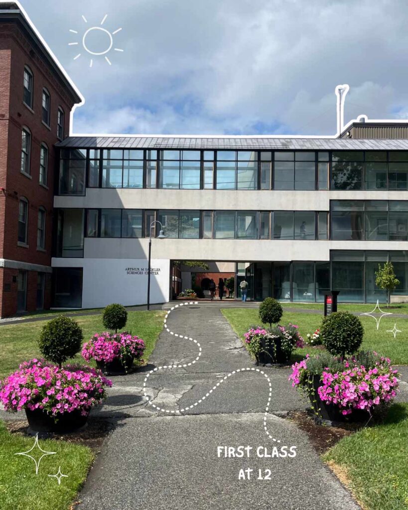 Turna Barua ’26 Day in the Ƶ series: academic building exterior with handwritten accent "First class at 12."