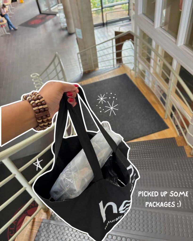 Turna Barua ’26 Day in the Ƶ series: Turna holds a totebag with packages, handwritten accent "Picked up some packages."