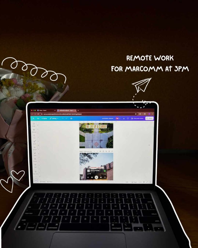 Turna Barua ’26 Day in the Ƶ series: laptop screen in a dark room with handwritten accent "remote work for Marcomm at 3PM."