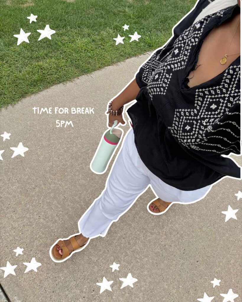 Turna Barua ’26 Day in the Ƶ series: selfie walking on campus with handwritten accent "Time for break."