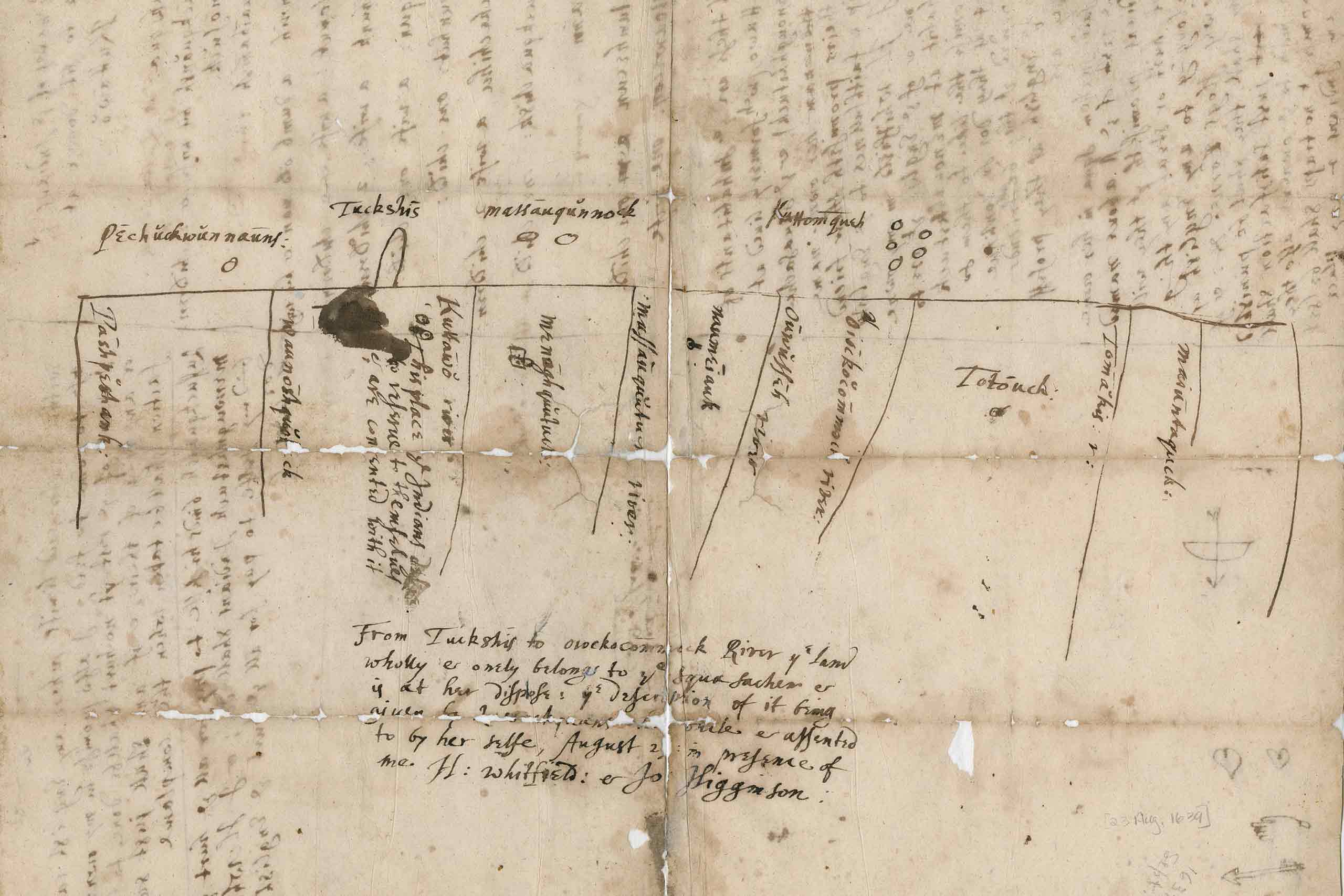 A map is drawn in ink by two Algonquian sachems, Shaumpishuh and her uncle Quassaquanch, for the sale of land in 1639 to the Rev. Henry Whitfield and other English colonists.