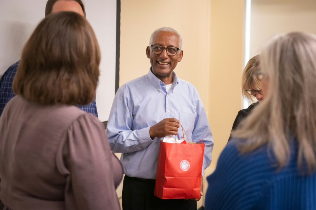 Dr. Teferi Abate meets with Clark faculty and staff after his talk on “Vernacular Explanations of Rainfall Variability and Cascading Agrarian Shocks in Wollo, Northeastern Ethiopia,” part of the George Perkins Marsh Institute Seminar Series.