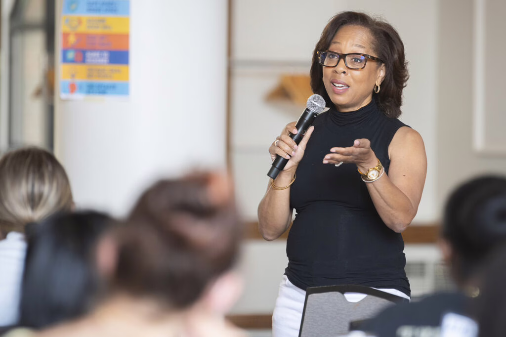 Mosakowski Institute Executive Director Nadia Ward addresses students at a Massachusetts Department of Elementary and Secondary Education confrence