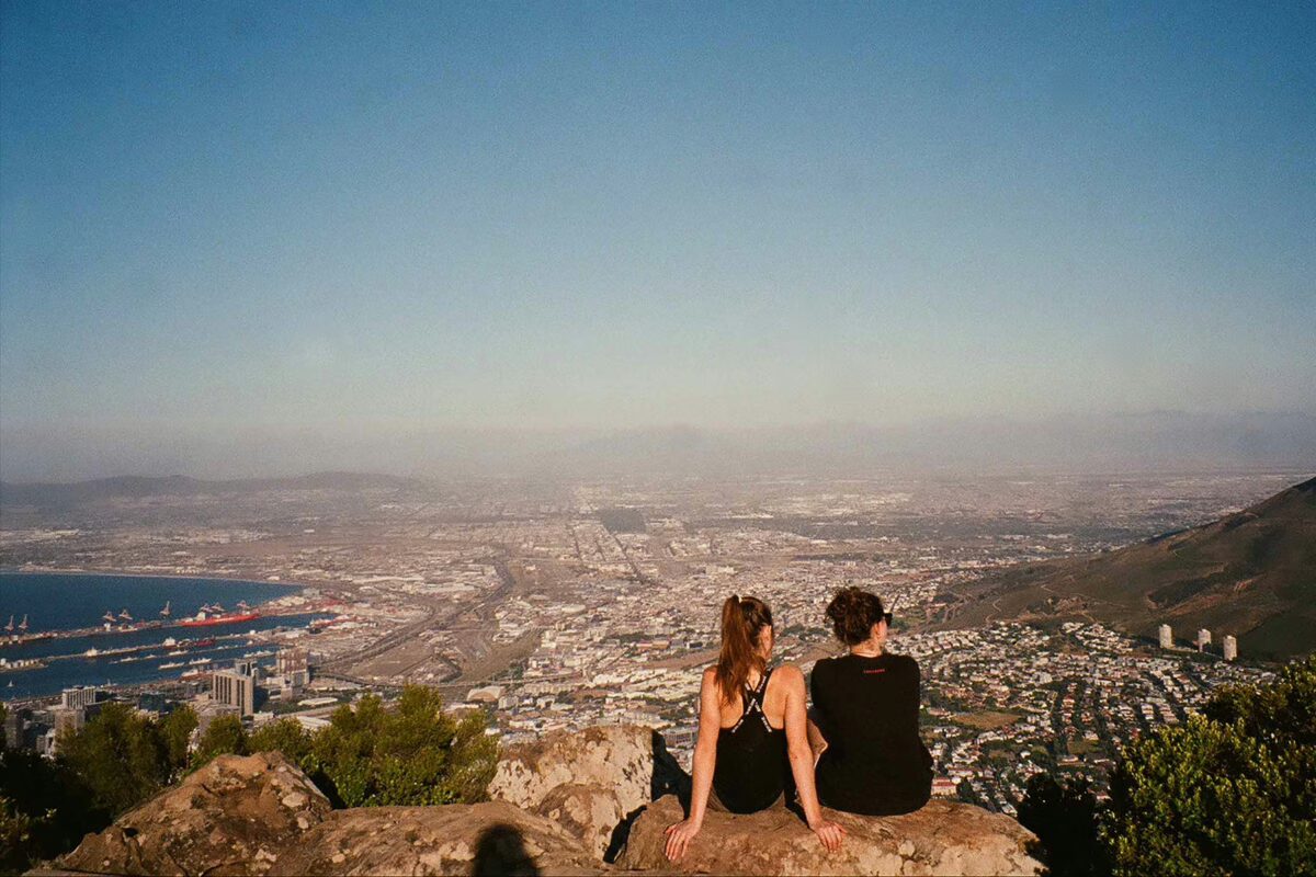 Clark students take in the panorama overlooking a city in South Africa