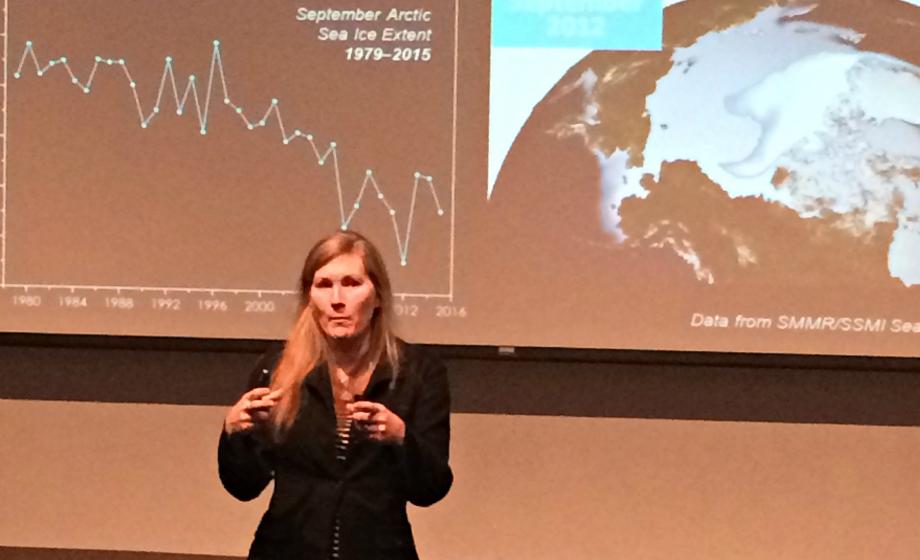 Clark University Professor of geography Karen Frey explains her research on Arctic sea ice and climate change at the Climate Change Teach-in, March 23, 2016.