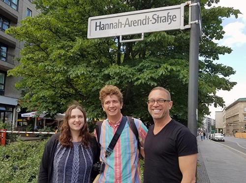 Robert Tobin, right, meets Clark undergraduates Meghan Paradis, left, and Aviv Hilbig-Bokaer