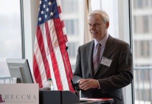 Clark University President David P. Angel, as Board Chair of the Higher Education Consortium of Central Massachusetts (HECCMA), speaks at the grand opening of new offices in downtown Worcester.