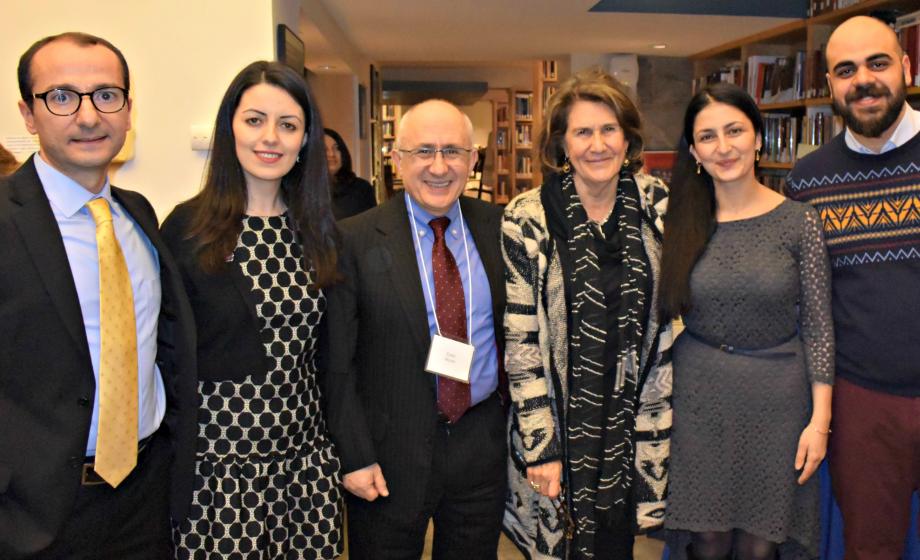 From left, Khatchig Mouradian, Asya Darbinyan (doctoral student), Professor Taner Akcam, Carolyn Mugar, and Anna Aleksanyan and Emre Cam Dagioglu (doctoral students)