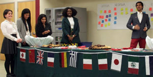 table drapped with global flags 