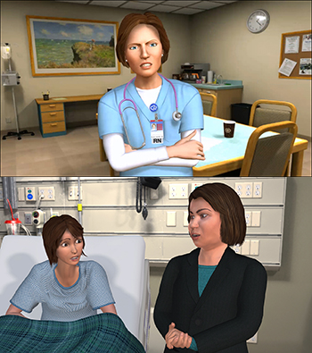 MPathic-VR scenarios featuring Nicole, an oncology nurse (top) and leukemia patient Robin and her mother, Delmy