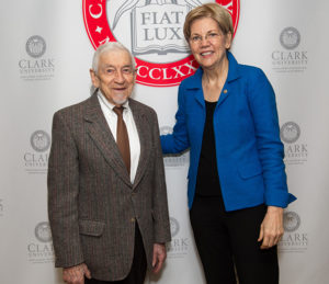 U.S. Senator Elizabeth Warren poses for a photo with Lee Gurel, '48