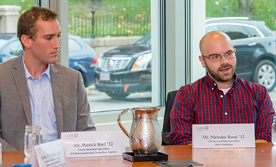 Patrick Bird, M.B.A./ES&P ’12, left, and Nicholas Rossi ’12, M.S./ES&P ’13 speak at a recent ClarkCONNECT panel discussion focused on environmental science.