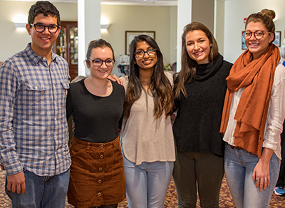 From left, Clark students involved in the project at Briarwood Continuing Care Retirement Community included Jeremy Maltz ’20, Alli Jutras ’19, Joyce Joseph ’19, Hanna Goldberg ’19 and Alyssa Moreau ’20.