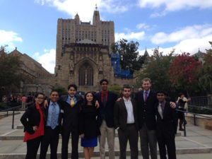 Participants in the Yale University Security Council Simulation include Mariale Poleo '15, Miguel A. Lara '15, Doga Bilgin '16, Dea Dodi '17, Shane D'Lima '14, Dyan Sansone '14, Jake Kailey '14, and Themal Ellawala '17.